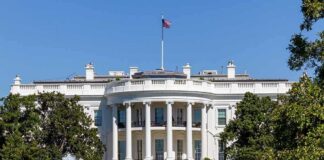The White House south facade with columns and fountain