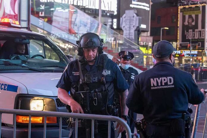 Police officers in tactical gear near a patrol vehicle at night