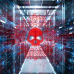 Chinese AI Tool Haunts Bank Vaults Red skull malware symbol over a server room corridor