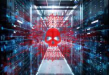 Chinese AI Tool Haunts Bank Vaults Red skull malware symbol over a server room corridor