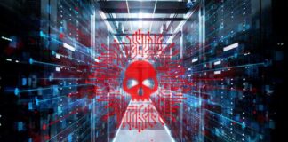 Red skull malware symbol over a server room corridor