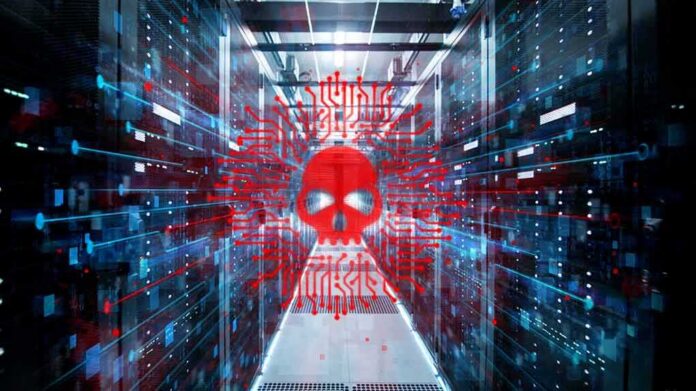 Red skull malware symbol over a server room corridor