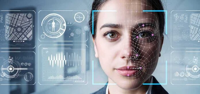 shutterstock_1456783511 Woman undergoing facial recognition scan