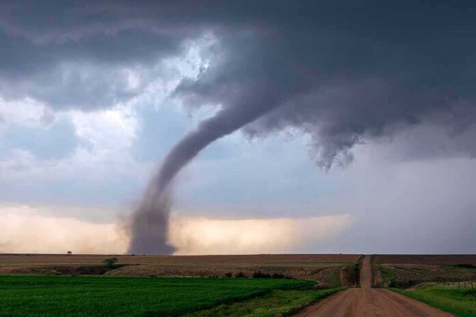 shutterstock_1561032032 Tornado touching down over open farmland under dark storm clouds
