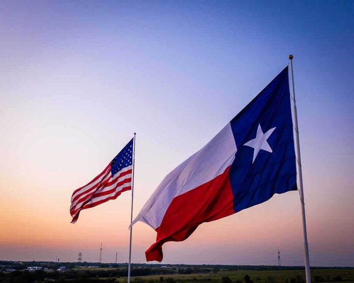 Texas and United States flags waving at sunset