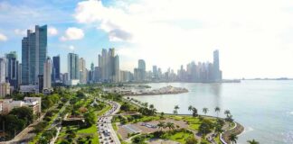 Coastal city skyline with waterfront park and busy boulevard